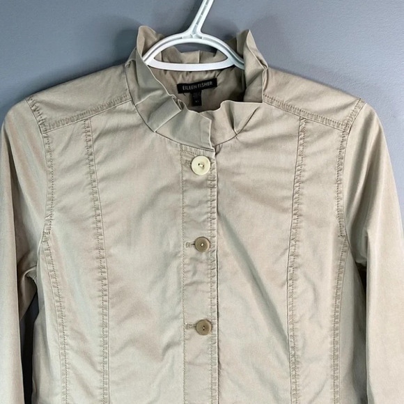 EILEEN FISHER Tan Utility Jacket Ruffled Neck  Drawstring Waist Size XS - Picture 3 of 13